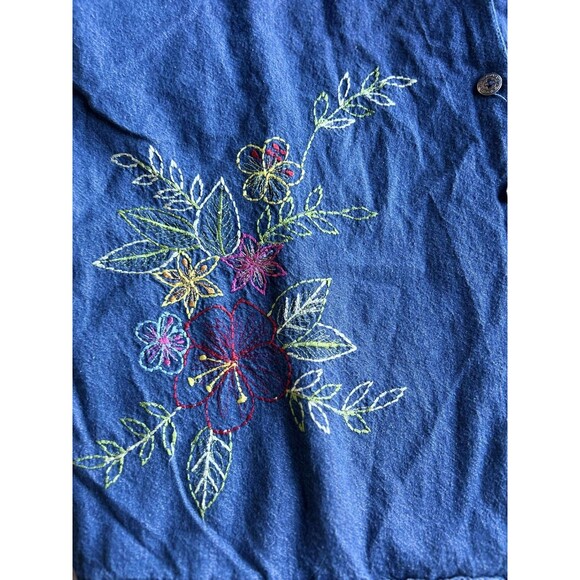 La Cera Denim Dress: P-Med. Vintage 90s Embroidered Applique Floral Pockets - Picture 2 of 9